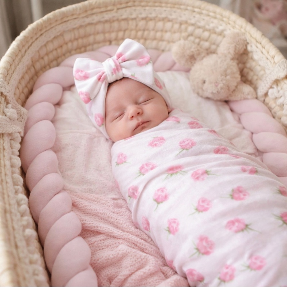 Rose soft Cotton pink Baby Swaddle and bow hat Set